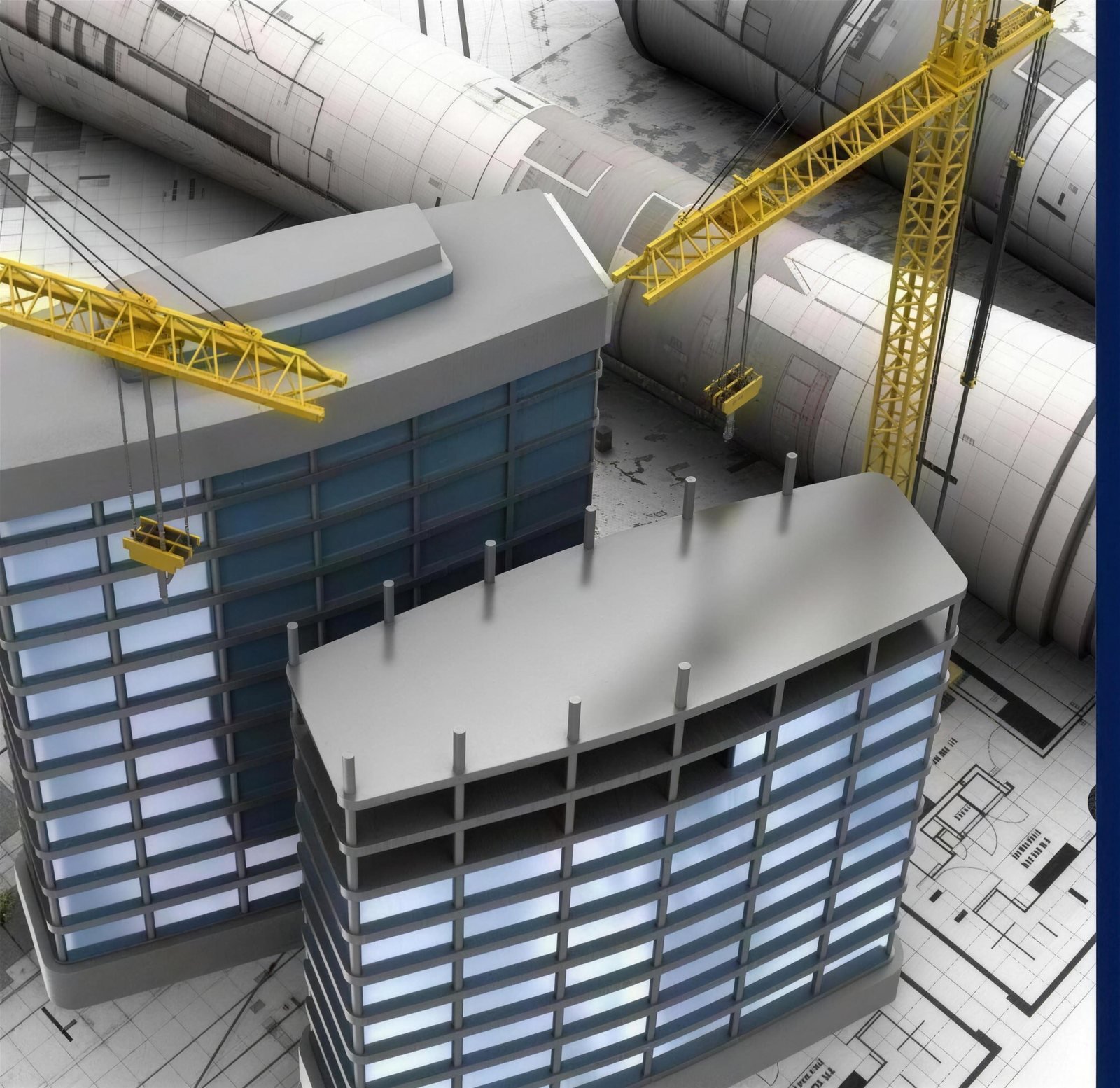 Maquete de estrutura de edifício sobre pranchas de projeto